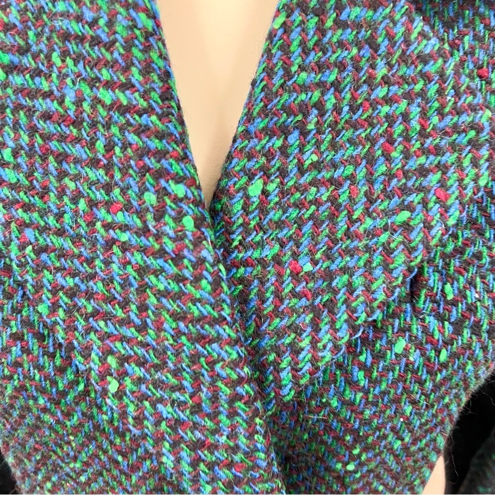 Vintage 80s 90s Saint Laurent Rive Gauche Teal Confetti Tweed Herringbone Blazer - Picture 4 of 11